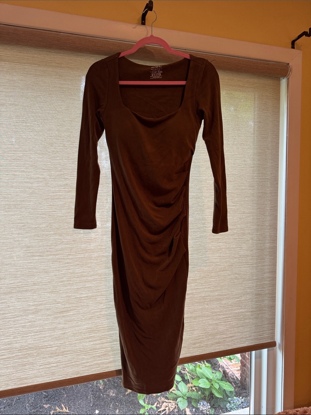 OGL Long Sleeve Brown Ruched Midi Dress